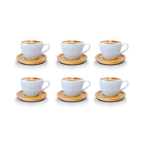 Kaffeetassen Espressotassen Cappuccinotassen mit untersetzer Holz Optik Porzellan 6 Tassen + 6 Untersetzer Weisse Kaffeetassen Set (Tasse 100 ml - Model 1) von Fiora