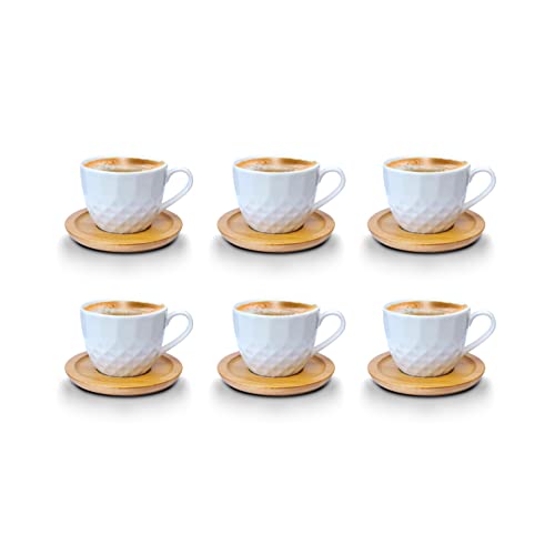 Kaffeetassen Espressotassen Cappuccinotassen mit untersetzer Holz Optik Porzellan 6 Tassen + 6 Untersetzer Weisse Kaffeetassen Set (Tasse 100 ml - Model 3) von Fiora