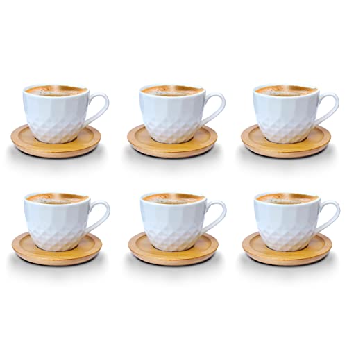 Kaffeetassen Espressotassen Cappuccinotassen mit untersetzer Holz Optik Porzellan 6 Tassen + 6 Untersetzer Weisse Kaffeetassen Set (Tasse 200 ml - Model 3) von Fiora