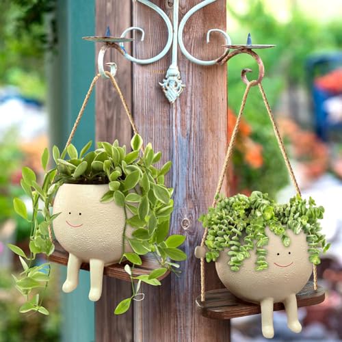Fiorky Blumentopf Hängend mit Schaukel Gesicht, Hängetopf mit Lächeln Gesicht, Übertopf Mit Hängendem Swing Face Übertopf, Blumenampel Hängend for Sukkulenten Innen Außen Dekor von Fiorky