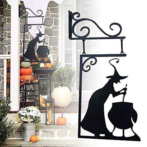 Fiorky Halloween-Tür-Eckschild Hexe, schwarzes Hexenschild, Metalltür-Eckdekoration, Gusseisen, Garteneckenschild, geheimnisvolle Hexe, Statue, Silhouette, Hexe, undichte Kessel, Silhouetten, von Fiorky