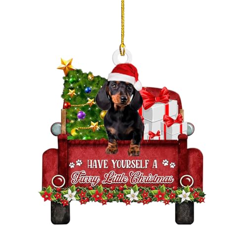Fiorky Weihnachts-Cartoon-Dackel-Ornament, Acryl, zum Aufhängen, Schlitten, Dackel, Dekoration, Festival-Thema, Weihnachtsbaum, Rucksack, Auto-Innendekoration von Fiorky