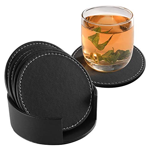 Fippy 6 Stücke Untersetzer Gläser Leder Glasuntersetzer Schwarz Anti-Rutsch Leder Getränkeuntersetzer für Gläser Coffee Bar, mit Untersetzer Halter von Fippy