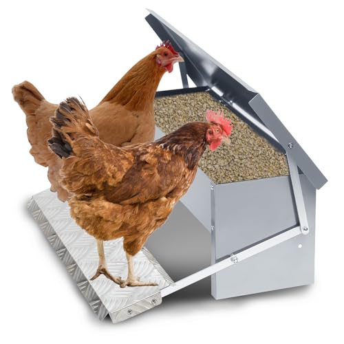 2x Fiqops Futterautomat Hühner 5KG Futterspender Futtertrog mit Automatisches Pedal und Wasserfest Decke Hühnerfutter für Geflügel, Wasserdicht und rattensicher von Fiqops