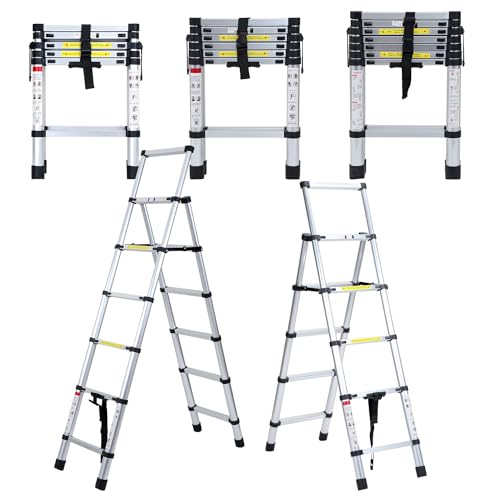 Fiqops 1,4m+1,7m Teleskopleiter aus Aluminium, 4+5 Stufen Klappleiter A-Rahmen Mehrzweckleiter Stehleiter, Ausziehleiter Trittleiter Leiter für Dachreparaturen von Fiqops