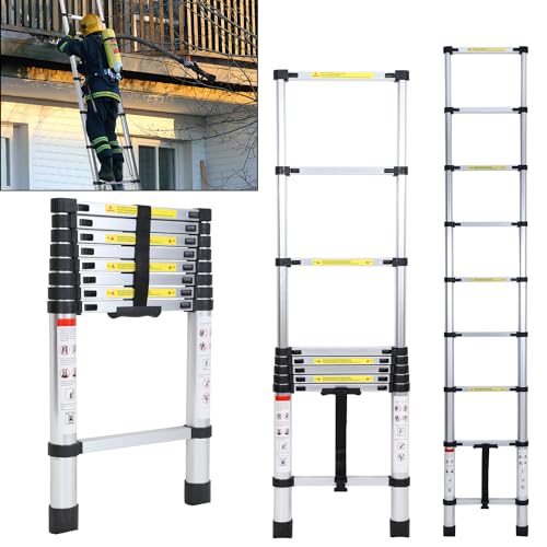 Fiqops 2,6 M Teleskopleiter, Rutschfester Aluminium Stehleiter 150 kg/330 Pfund, Belastbarkeit Ausziehbare Leiter, Aluminiumleiter mit Tragegriff von Fiqops