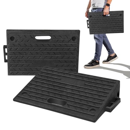 Fiqops 2 Stück Bordsteinrampe Gummi 10cm Hoch Tragbar Rollstuhlrampe 50x32x10 cm Rampe für Bordsteine, Rollstuhl, Tiefe Auto Auffahrrampe Türschwellenrampe mit Griff von Fiqops