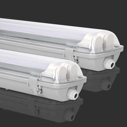 Fiqops 2 Stück Feuchtraumleuchte LED 150cm 2 X 24W 4800lm Wannenleuchte Kaltlweiß 6500K IP65 Wasserfest Feuchtraumlampe Doppelt T8 LED Röhre,Röhrenlampe Werkstattlampe für Garage Keller Büro von Fiqops