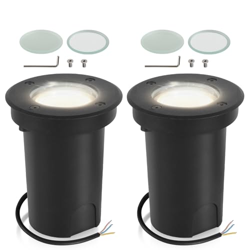 Fiqops 2er Set Bodenstrahler außen IP67,Bodeneinbaustrahler aussen mit LED GU10 3W Naturweiß (Wechselbar) rund Bodenleuchten Schwenkbar Mit Mattierten Ersatzlinsen Bodenspot befahrbar 230V von Fiqops