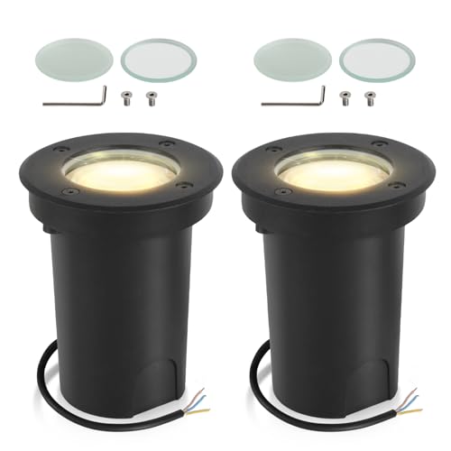Fiqops 2er Set Bodenstrahler außen IP67,Bodeneinbaustrahler aussen mit LED GU10 3W Warmweiß (Wechselbar) rund Bodenleuchten Schwenkbar Mit Mattierten Ersatzlinsen Bodenspot befahrbar 230V von Fiqops