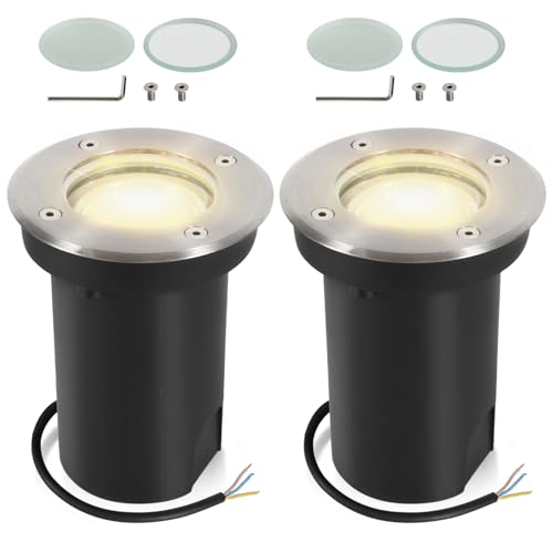 Fiqops 2er Set Bodenstrahler außen IP67,Bodeneinbaustrahler aussen mit LED GU10 3W Warmweiß (Wechselbar) rund Schwenkbar Silber Mit Mattierten Ersatzlinsen Bodenspot befahrbar 230V von Fiqops