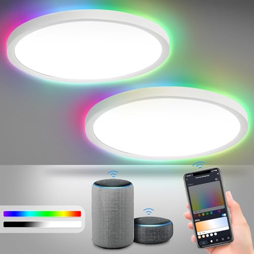 Fiqops 2x 24W 2040LM Deckenleuchte Alexa Lampe Deckenlampe Smart Dimmbar Kompatibel 2700K-6500K, Farbwechsel Flach Schlafzimmer Lampe, IP44 für Kinderzimmer Badezimmer von Fiqops