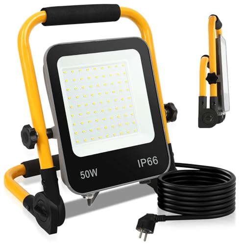Fiqops 2x LED Baustrahler 50W 4000LM, Baustrahler LED mit stativ und 3m Kabel,LED Arbeitsleuchte mit Stecker,IP66 Wasserdichter Arbeitsscheinwerfer für Garage Werkstatt Baustelle,Kaltweiß von Fiqops