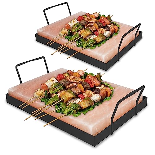 Fiqops 2x Salzstein zum Grillen XXL, 20x30x3cm Salz Grillsteine Mit Eisenplatte, Wiederverwendbar Salzgrillstein, Original Kristallsalz aus dem Vorgebirge, Salzplatte zum Grillen für BBQ von Fiqops