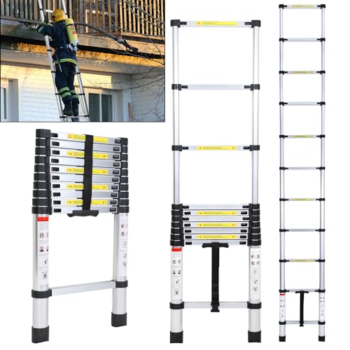 Fiqops 3,2 M Teleskopleiter, Rutschfester Aluminium Stehleiter 150 kg/330 Pfund, Belastbarkeit Ausziehbare Leiter, Aluminiumleiter mit Tragegriff von Fiqops