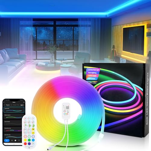 Fiqops 3m LED Strip,Neon LED Strip,RGBIC Streifen mit App-Steuerung Musik-Sync DIY-Farbwechsel Lichtband Funktioniert,LED band Neon mit Alexa & Google Assistant Licht Band für Decke Küche Gaming von Fiqops