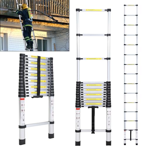 Fiqops 4,4 M Teleskopleiter, Rutschfester Aluminium Stehleiter 150 kg/330 Pfund, Belastbarkeit Ausziehbare Leiter, Aluminiumleiter mit Tragegriff von Fiqops