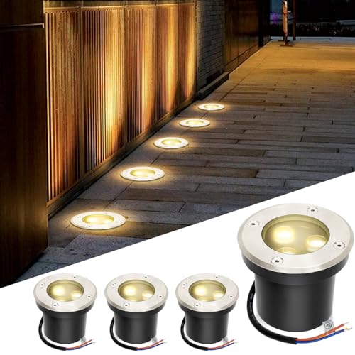 Fiqops 4er Set Bodenstrahler außen mit LED 3W Warmweiß Lich IP65,Bodeneinbaustrahler aussen Schwarz matt rund,Bodenleuchten befahrbar 230V,Bodeneinbauleuchten für Boden Garten Pool Pflanzen von Fiqops