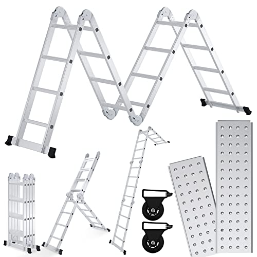 Fiqops 4x4 Stufen Aluminium Mehrzweckleiter bis 150 kg, 4.7M Multifunktionsleiter mit plattform, Leiter mit 2 Gerüstplatten, Trittleiter, Mehrzweckleiter, Klappleiter 16 Stufen, Silber von Fiqops