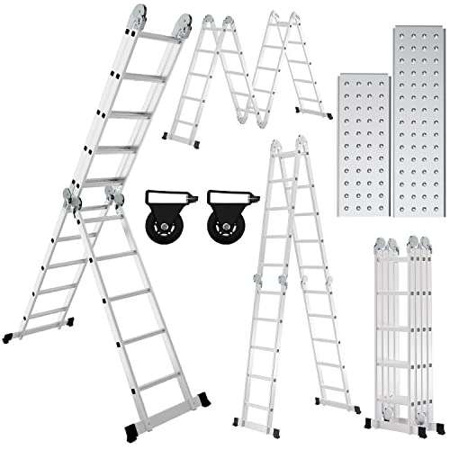 Fiqops 4x5 Stufen Aluminium Mehrzweckleiter bis 150 kg, 5.8M Multifunktionsleiter mit plattform, Leiter mit 2 Gerüstplatten, Trittleiter, Mehrzweckleiter, Klappleiter 20 Stufen, Silber von Fiqops