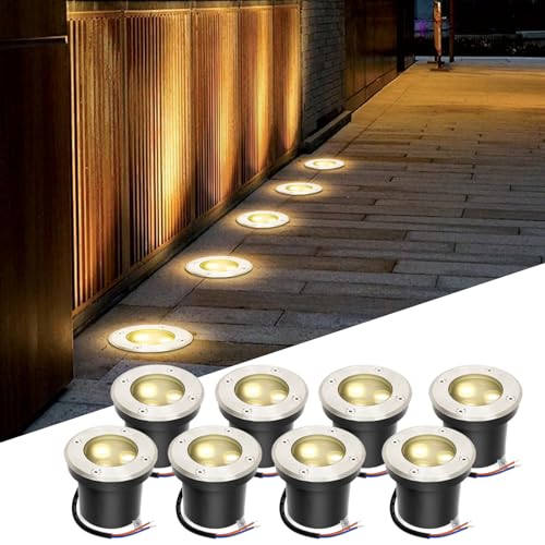Fiqops 8er Set Bodenstrahler außen mit LED 3W Warmweiß Lich IP65,Bodeneinbaustrahler aussen Schwarz matt rund,Bodenleuchten befahrbar 230V,Bodeneinbauleuchten für Boden Garten Pool Pflanzen von Fiqops