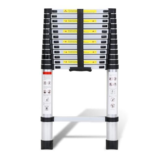 Fiqops Aluminium Teleskopleiter, 3.8M Ausziehbare Leiter, Rutschfester Aluleiter Stehleiter Mehrzweckleiter Ausziehbar Aluminiumleiter, Teleskop Ausziehleiter 150 kg Belastbarkeit von Fiqops