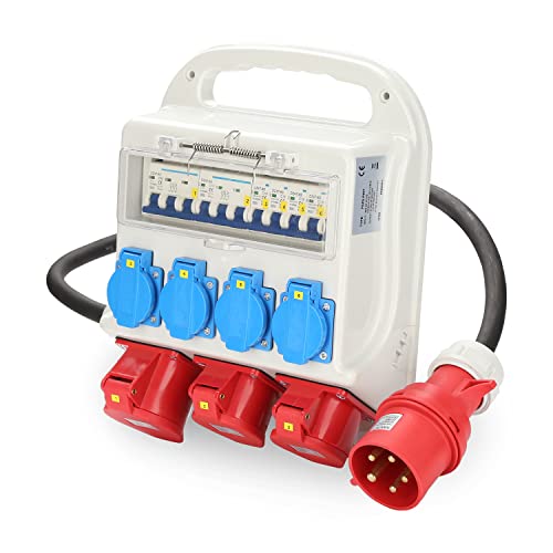Fiqops Baustromverteiler 32a, Stromverteiler 4x230V+2x16A 400V CEE+1x32A 400V CEE, Baustromverteiler 16a mit Leitungsschutzschalter, Wandverteiler IP44 Mit Sicherheitsklappdeckeln und Leitung von Fiqops