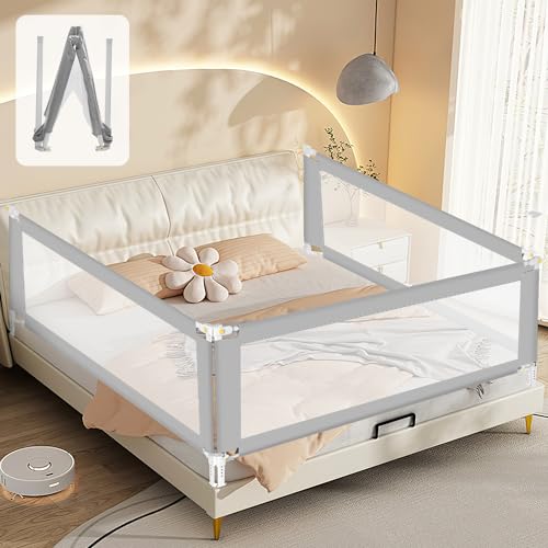 Fiqops Bettgitter Rausfallschutz Klappbar 180cm und 200cm,Bettschutzgitter faltbar Kinderbettgitter Reise,Nagelfreie Montage Fallschutz Bett für Kleinkinder Baby bettgitter,Grau von Fiqops