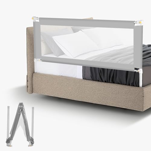Fiqops Bettgitter Rausfallschutz Klappbar 200cm,Bettschutzgitter faltbar Kinderbettgitter Reise,Nagelfreie Montage Fallschutz Bett für Kleinkinder Baby bettgitter,Grau von Fiqops