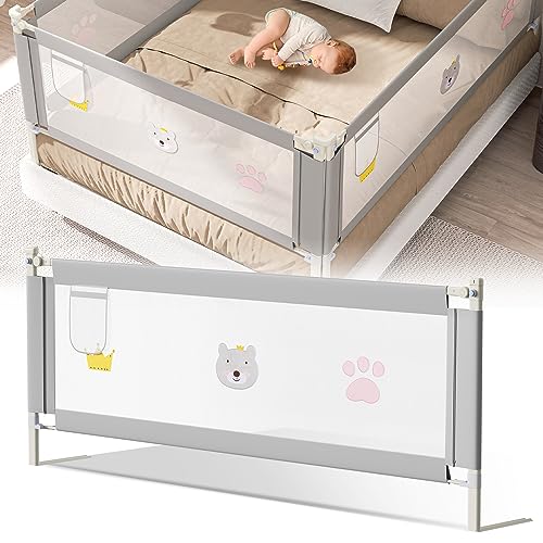 Fiqops Bettgitter rausfallschutz 180cm,Rausfallschutz Bett Klappbar,Bettschutzgitter vertikalen Heben,Fallschutz Bett stabile Bauweise,Baby bettgitter für Kinder,Grau Cartoon von Fiqops