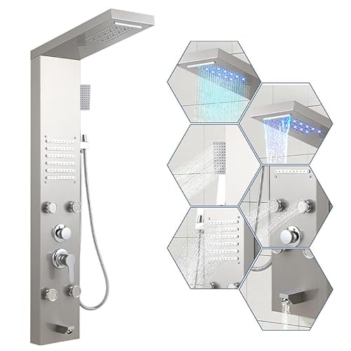 Fiqops Duschpaneel Edelstahl mit Armatur Duschpaneel 5 Funktionen mit LED Regen&Wasserfall Dusche、Massagedüsen、Handbrause und Wanneneinlauf Duschpaneel Duschsäule Fiqops Duschpaneel Edelstahl mit Armatur Duschpaneel 5 Funktionen mit LED Regen&Wasserfall Dusche、Massagedüsen、Handbrause und Wanneneinlauf Duschpaneel Duschsäule von Fiqops