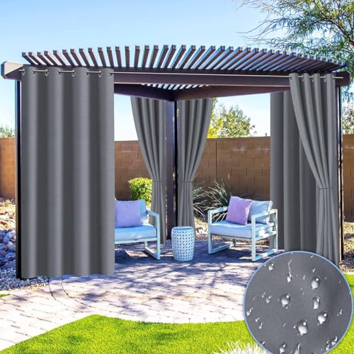 Fiqops Garden Outdoor Vorhang Wetterfest, Outdoorvorhänge mit Ösen(1.6 inch), Vorhang Sichtschutz Sonnenschutz für Terrasse, Balkon, Pavillon, Vorhang 244x132CM (HöhexBreite) Grau,1 Stück von Fiqops