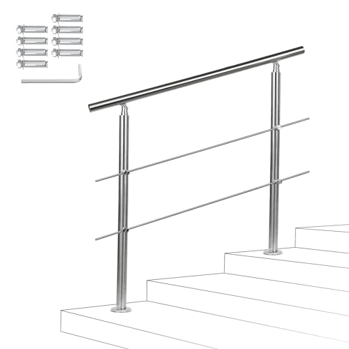 Fiqops Handlauf Edelstahl Treppengeländer Außen & Innen 120 cm mit 2 Querstreben Ø 42mm mit Zubehör, Winkelverstellbar für Treppen Garten Hauseingang Brüstung Balkon von Fiqops