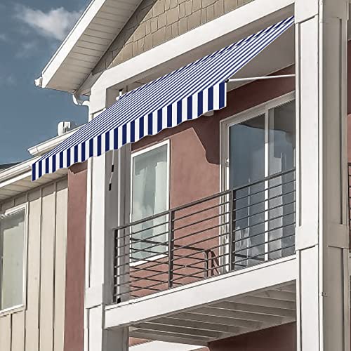 Fiqops Klemmmarkise Markise Balkon 350cm Breit, Balkonmarkise Handkurbel höhenverstellbar ohne Bohren, UV-beständig Sonnenschutz wasserdicht für Terrasse Balkon Veranda, Blau-Weiße von Fiqops