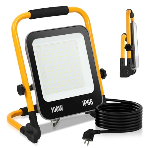 Fiqops LED Baustrahler 100W 8000LM,Baustrahler LED mit stativ und 3m Kabel,LED Arbeitsleuchte mit Stecker,IP66 Wasserdichter Arbeitsscheinwerfer für Garage Werkstatt Baustelle,Kaltweiß von Fiqops