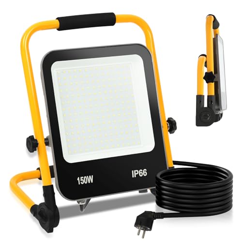 Fiqops LED Baustrahler 150W 12000LM, Baustrahler LED mit stativ und 3m Kabel,LED Arbeitsleuchte mit Stecker,IP66 Wasserdichter Arbeitsscheinwerfer für Garage Werkstatt Baustelle,Kaltweiß von Fiqops
