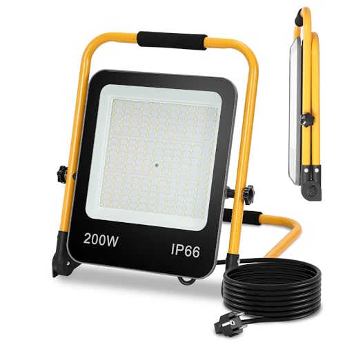 Fiqops LED Baustrahler 200W 16000LM, Baustrahler LED mit stativ und 3m Kabel,LED Arbeitsleuchte mit Stecker,IP66 Wasserdichter Arbeitsscheinwerfer für Garage Werkstatt Baustelle,Kaltweiß von Fiqops