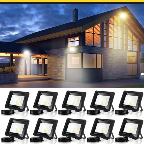 Fiqops LED Strahler 20W 10er, Fluter 3000K Warmweiß 1700LM, Scheiwerfer IP66 Wasserdicht, Flutlicht Außenstrahler Außenleuchte für Werkstatt Garage Garten von Fiqops