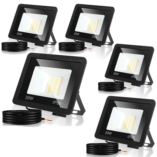 Fiqops Strahler 20W 5er, Fluter 6000K Kaltweiß 1700LM LED Scheinwerfer IP66 Wasserdicht Flutlicht Außenstrahler Außenleuchte für Werkstatt Garage Garten von Fiqops