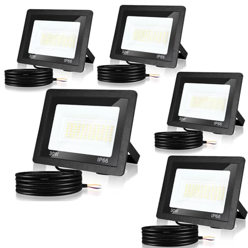 Fiqops Strahler 30W 5er, LED Fluter 6000K Kaltweiß 2550LM Scheinwerfer IP66 Wasserdicht Flutlicht Außenstrahler Außenleuchte für Werkstatt Garage Garten von Fiqops
