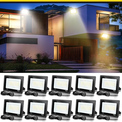 Fiqops LED Strahler 50W 10er, Fluter 3000K Warmweiß 4250LM Scheiwerfer IP66 Wasserdicht Flutlicht Außenstrahler Außenleuchte für Werkstatt Garage Garten von Fiqops