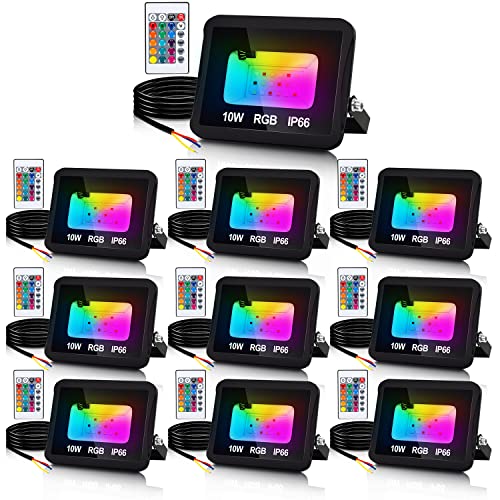 Fiqops RGB LED Strahler Außen 10W 10er, RGB Fluter LED Dimmbar Gartenstrahler mit Fernbedienung 16 Farben 4 Modi IP66 Wasserdicht, Memoryfunktion für Party Außen von Fiqops