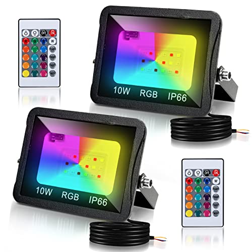 Fiqops RGB LED Strahler Außen 10W 2er, RGB Fluter LED Dimmbar Gartenstrahler mit Fernbedienung 16 Farben 4 Modi IP66 Wasserdicht, Memoryfunktion für Party Außen von Fiqops