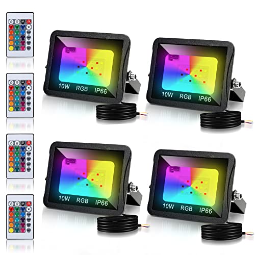Fiqops RGB LED Strahler Außen 10W 4er, RGB Fluter LED Dimmbar Gartenstrahler mit Fernbedienung 16 Farben 4 Modi IP66 Wasserdicht, Memoryfunktion für Party Außen von Fiqops