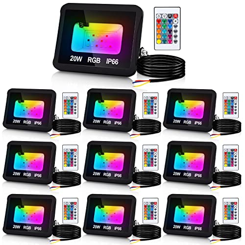 Fiqops RGB LED Strahler Außen 20W 10er, RGB Fluter LED Dimmbar Gartenstrahler mit Fernbedienung 16 Farben 4 Modi IP66 Wasserdicht, Memoryfunktion für Party Außen von Fiqops
