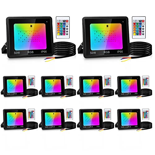 Fiqops RGB LED Strahler Außen 50W 10er, RGB Fluter LED Dimmbar Gartenstrahler mit Fernbedienung 16 Farben 4 Modi IP66 Wasserdicht, Memoryfunktion für Party Außen von Fiqops