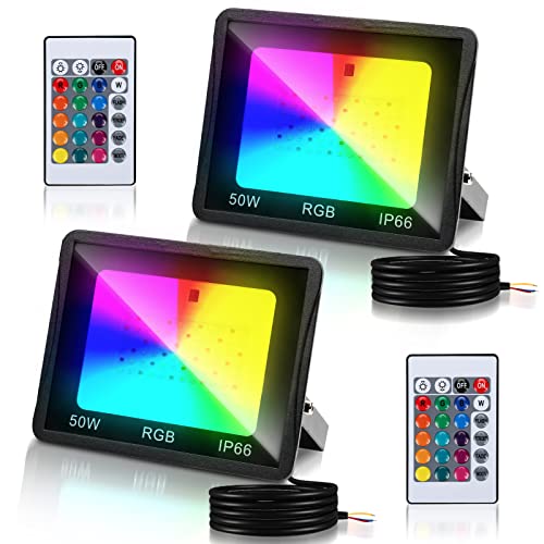 Fiqops RGB LED Strahler Außen 50W 2er, RGB Fluter LED Dimmbar Gartenstrahler mit Fernbedienung 16 Farben 4 Modi IP66 Wasserdicht, Memoryfunktion für Party Außen von Fiqops