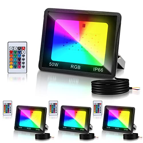 Fiqops RGB LED Strahler Außen 50W 4er, RGB Fluter LED Dimmbar Gartenstrahler mit Fernbedienung 16 Farben 4 Modi IP66 Wasserdicht, Memoryfunktion für Party Außen von Fiqops