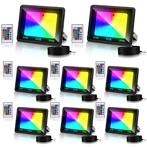 Fiqops RGB LED Strahler Außen 50W 8er, RGB Fluter LED Dimmbar Gartenstrahler mit Fernbedienung 16 Farben 4 Modi IP66 Wasserdicht, Memoryfunktion für Party Außen von Fiqops