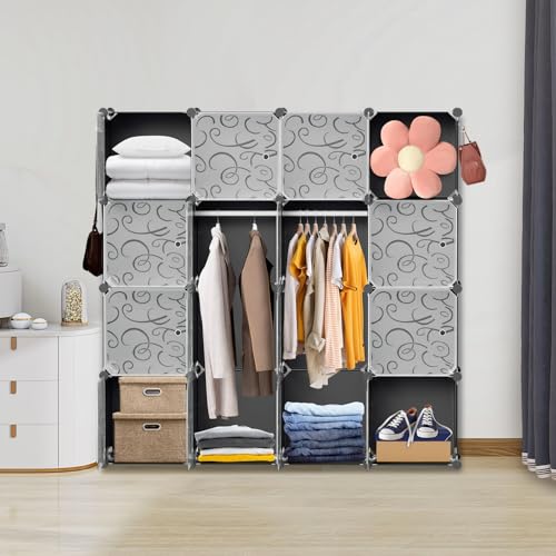 Fiqops Regalsystem Kleiderschrank, 16 Würfel Regalsystem aus robustem Kunststoff in Schwarzer Prägestempel Mit 2 Kleiderbügeln und 2 Haken von Fiqops